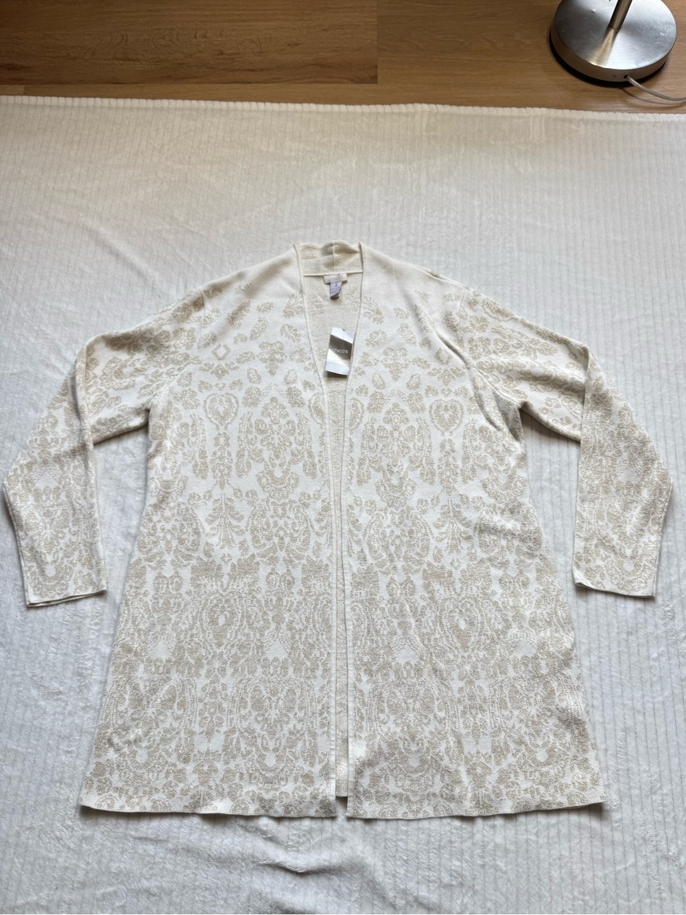 Chico's Cream and Beige Jacquard Open Cardigan